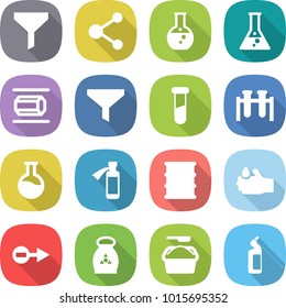 flat vector icon set - funnel vector, molecule, round flask, nano tube, test vial, potion bottle, barrel, acid, electron, fertilizer, washing powder, toilet cleanser