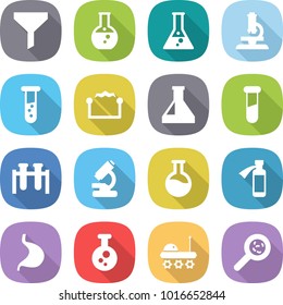 flat vector icon set - funnel vector, round flask, microscope, vial, electrostatic, test, potion bottle, stomach, chemical, lunar rover, viruses