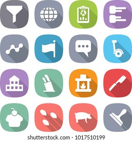 flat vector icon set - funnel vector, globe, report, diagram, graph, flag, message, gyroscooter, cottage, stands for knives, fireplace, chef knife, cupcake, seeds, pig, scraper