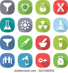 flat vector icon set - funnel vector, hex molecule, round flask, dna, around, nuclear, microscope, pipette, mortar, test vial, potion bottle, electron, fertilizer