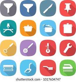 flat vector icon set - funnel vector, scalpel, pin, drawing pen, pan, steam, whisk, skimmer, thermometer, wrench, sponge, scoop, brush