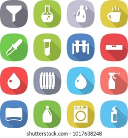 flat vector icon set - funnel vector, round flask, cleanser, hot drink, pipette, test vial, level, drop, barrel, sprayer, sponge, washing machine, toilet