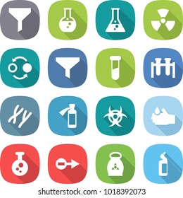 flat vector icon set - funnel vector, round flask, nuclear, quantum bond, test vial, chromosomes, potion bottle, biohazard, acid, chemical, electron, fertilizer, toilet cleanser