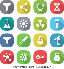 flat vector icon set - funnel vector, molecule, hex, dna, flask, round around, nuclear, vial, pipette, potion bottle, virus, atom, electron, fertilizer