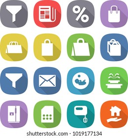 flat vector icon set - funnel vector, newspaper, percent, shopping bag, mail, pregnancy, fountain, fridge, sim card, mixer, housing