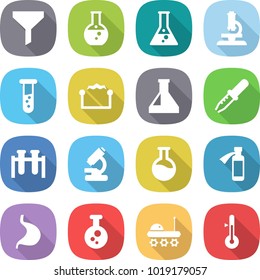 flat vector icon set - funnel vector, round flask, microscope, vial, electrostatic, pipette, test, potion bottle, stomach, chemical, lunar rover, thermometer