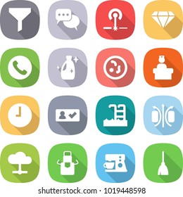 flat vector icon set - funnel vector, discussion, laser, diamond, phone, cleanser, microbe, hospital recieption, clock, check in, pool, magnetic field, cloud, apron, coffee maker, broom
