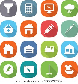 flat vector icon set - funnel vector, calculator, monitor arrow, cloud wireless, add to basket, home, syringe, garage, train, electricity, browser window, rake, handle washing