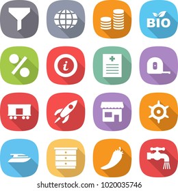 flat vector icon set - funnel vector, globe, coin stack, bio, percent, info, recipe, measuring tape, railroad shipping, rocket, shop, handwheel, yacht, chest of drawers, hot pepper, water tap