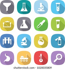 flat vector icon set - funnel vector, flask, microscope, vial, electrostatic, pipette, test, potion bottle, stomach, lunar rover, thermometer, viruses