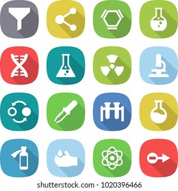 flat vector icon set - funnel vector, molecule, hex, round flask, dna, nuclear, microscope, quantum bond, pipette, test vial, potion bottle, acid, atom, electron