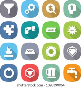 flat vector icon set - funnel vector, gear, dollar arrow, bulb head, puzzle, hand coin, sale, virus, flammable, taxi, lifebuoy, heart pendant, on off button, 3d, kettle, water tap