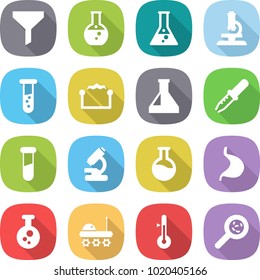 flat vector icon set - funnel vector, round flask, microscope, vial, electrostatic, pipette, test, stomach, chemical, lunar rover, thermometer, viruses