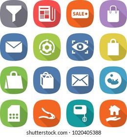 flat vector icon set - funnel vector, newspaper, sale, shopping bag, mail, around gear, eye identity, pregnancy, sim card, walnut crack, mixer, housing