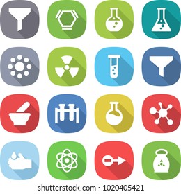 flat vector icon set - funnel vector, hex molecule, round flask, around, nuclear, vial, mortar, test, virus, acid, atom, electron, fertilizer