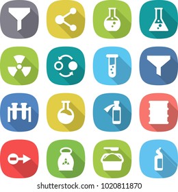 flat vector icon set - funnel vector, molecule, round flask, nuclear, quantum bond, vial, test, potion bottle, barrel, electron, fertilizer, washing powder, toilet cleanser
