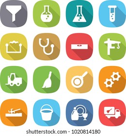 flat vector icon set - funnel vector, round flask, vial, electrostatic, stethoscope, level, tower crane, fork loader, broom, pan, gears, soil cutter, bucket, dish cleanser, home call cleaning
