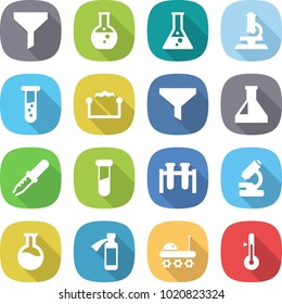 flat vector icon set - funnel vector, round flask, microscope, vial, electrostatic, pipette, test, potion bottle, lunar rover, thermometer