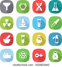flat vector icon set - funnel vector, hex molecule, dna, flask, nuclear, microscope, vial, pipette, mortar, test, potion bottle, acid, atom, electron, fertilizer