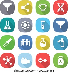 flat vector icon set - funnel vector, molecule, hex, dna, flask, round around, vial, pipette, test, potion bottle, virus, acid, electron, fertilizer