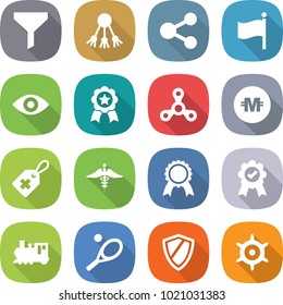 flat vector icon set - funnel vector, share, flag, eye, medal, spinner, crypto currency, medical label, ambulance sign, train, tennis, shield, handwheel