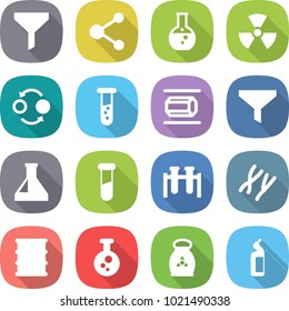 flat vector icon set - funnel vector, molecule, round flask, nuclear, quantum bond, vial, nano tube, test, chromosomes, barrel, chemical, fertilizer, toilet cleanser