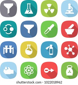 flat vector icon set - funnel vector, flask, nuclear, microscope, quantum bond, pipette, mortar, test vial, potion bottle, virus, acid, atom, electron, fertilizer