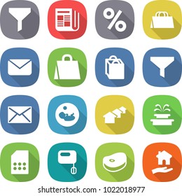 flat vector icon set - funnel vector, newspaper, percent, shopping bag, mail, pregnancy, houses, fountain, sim card, mixer, steak, housing