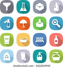 flat vector icon set - funnel vector, flask, box, cleanser, potion bottle, dry cargo, package, search, uv cream, washing, spices, ketchup, garbage bag, trash bin, liquid soap, powder