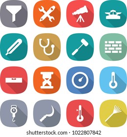 flat vector icon set - funnel vector, pencil wrench, telescope, scales, medical thermometer, stethoscope, doctors hammer, brick wall, level, sand clock, barometer, handle, sickle, rake