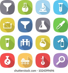 flat vector icon set - funnel vector, round flask, microscope, vial, electrostatic, pipette, test, potion bottle, chemical, lunar rover, thermometer, viruses