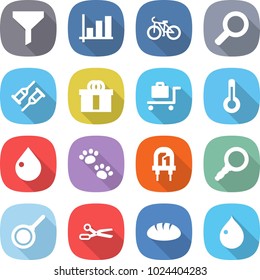 flat vector icon set - funnel vector, graph, bike, magnifier, crutch, hi quality package, baggage trolley, thermometer, drop, pets, led, pan, scissors, bread
