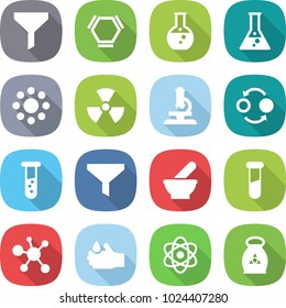 flat vector icon set - funnel vector, hex molecule, round flask, around, nuclear, microscope, quantum bond, vial, mortar, test, virus, acid, atom, fertilizer