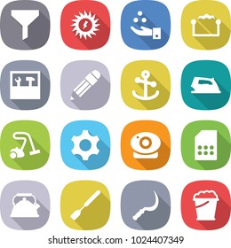 flat vector icon set - funnel vector, sun power, chemical industry, electrostatic, tools, pencil, anchor, iron, vacuum cleaner, gear, web camera, sim card, kettle, spatula, sickle, foam bucket