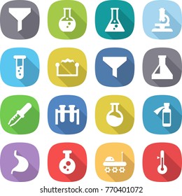 flat vector icon set - funnel vector, round flask, microscope, vial, electrostatic, pipette, test, potion bottle, stomach, chemical, lunar rover, thermometer