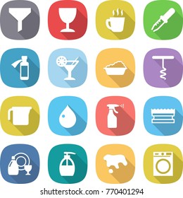 flat vector icon set - funnel vector, wineglass, hot drink, pipette, potion bottle, cocktail, washing, corkscrew, measuring cup, drop, sprayer, sponge, dish cleanser, liquid soap, spot, machine