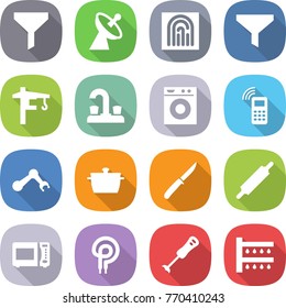 flat vector icon set - funnel vector, satellite antenna, fingerprint, tower crane, water tap, washing machine, mobile phone, robot hand, pan, knife, rolling pin, microwave oven, elecric, blender