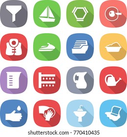 flat vector icon set - funnel vector, boat, hex molecule, cell corection, life vest, jet ski, cruise ship, washing, measuring cup, watering, jug, can, hand drop, wiping, water tap sink, floor