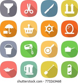 flat vector icon set - funnel vector, scissors, scalpel, cargo top sign, insurance, basket, handwheel, mirror, bucket, mixer, pan, saute, kettle, shovel, please clean