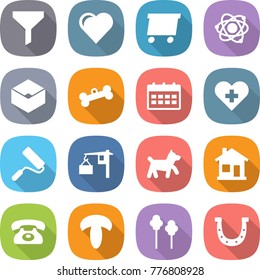flat vector icon set - funnel vector, heart, delivery, atom, box, bone, calendar, cross, repair, loading, dog, home, phone, mushroom, trees, horseshoe