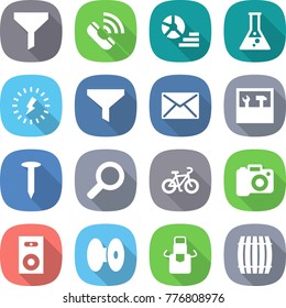 flat vector icon set - funnel vector, call, diagram, flask, lightning, mail, tools, nail, magnifier, bike, camera, speaker, coil, apron, barrel