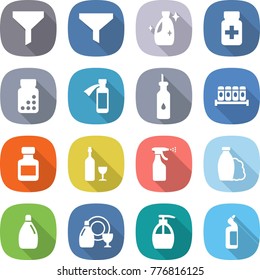 flat vector icon set - funnel vector, cleanser, pills bottle, potion, vegetable oil, spices, wine, sprayer, shampoo, dish, liquid soap, toilet