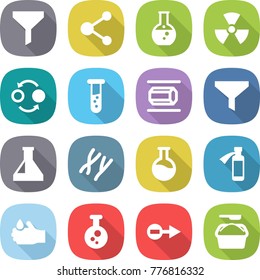 flat vector icon set - funnel vector, molecule, round flask, nuclear, quantum bond, vial, nano tube, chromosomes, potion bottle, acid, chemical, electron, washing powder