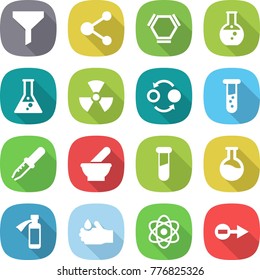 flat vector icon set - funnel vector, molecule, hex, round flask, nuclear, quantum bond, vial, pipette, mortar, test, potion bottle, acid, atom, electron