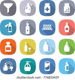flat vector icon set - funnel vector, cleanser, pills bottle, potion, vegetable oil, spices, ketchup, wine, shampoo, dish, liquid soap, powder, toilet
