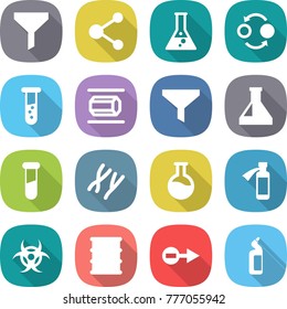 flat vector icon set - funnel vector, molecule, flask, quantum bond, vial, nano tube, test, chromosomes, potion bottle, biohazard, barrel, electron, toilet cleanser