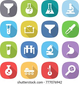flat vector icon set - funnel vector, round flask, microscope, vial, electrostatic, pipette, test, stomach, chemical, lunar rover, thermometer, viruses
