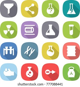 flat vector icon set - funnel vector, molecule, round flask, nuclear, nano tube, test vial, chromosomes, barrel, acid, chemical, electron, fertilizer