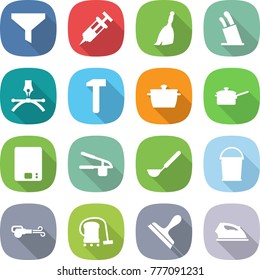 flat vector icon set - funnel vector, syringe, broom, stands for knives, drawing pen, hammer, pan, saute, kitchen scales, garlic clasp, ladle, bucket, blower, vacuum cleaner, scraper, iron