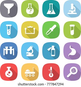 flat vector icon set - funnel vector, round flask, microscope, vial, electrostatic, pipette, test, potion bottle, stomach, chemical, lunar rover, thermometer, viruses
